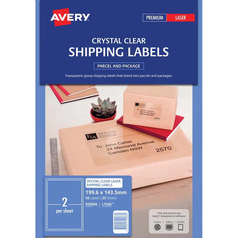 Avery Shipping Label L7566 Crystal Clear 2up 199.6x143.5mm Pack Of 25 - Nail Gallerys