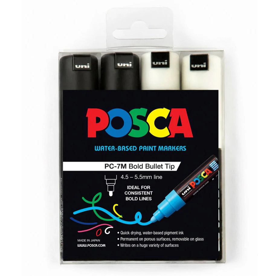 Uni Posca PC-7M 4.5-5.5mm Black/White Markers Set of 4 - Nail Gallerys