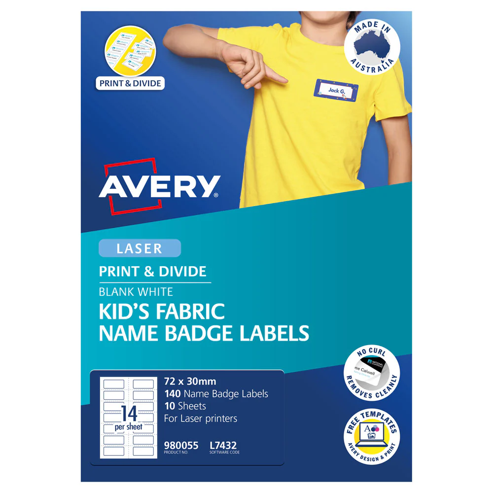 Avery Kids Fabric Name Badge Labels L7432 72x30mm 10 Sheets - Nail Gallerys
