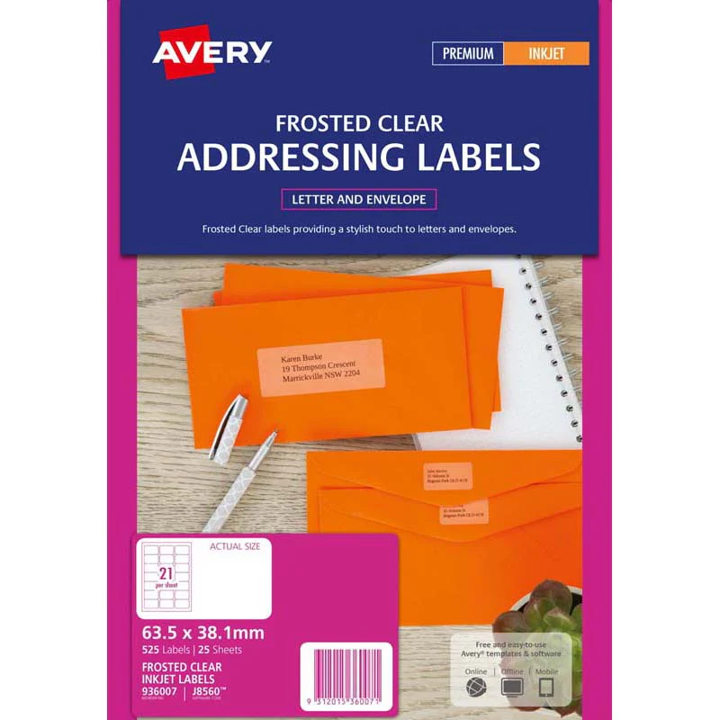 Avery Addressing Inkjet Permanent Label J8560 Frosted Clear 21 Up 25 Sheets 63.5mmx38.1mm - Nail Gallerys