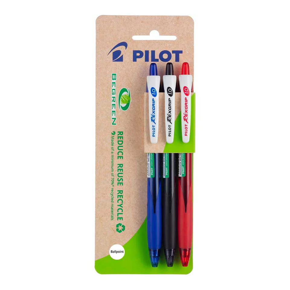 Pilot Begreen Rexgrip Ballpoint Pens Medium Pack Of 3 - Nail Gallerys