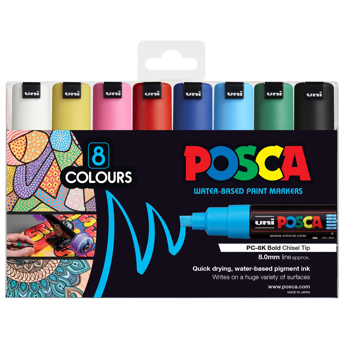 Uni Posca PC-8K 8.0mm Bold Chisel Tips Assorted Markers Set of 8 - Nail Gallerys
