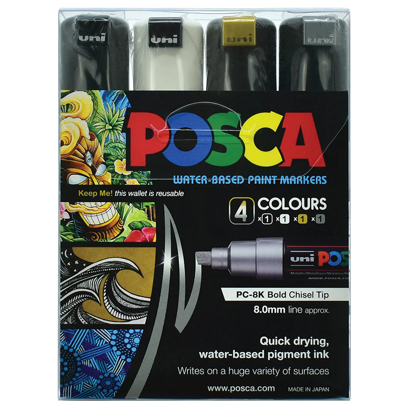Uni Posca PC-8K 8.0mm Bold Chisel Black White Gold Silver Markers Set Of 4 - Nail Gallerys