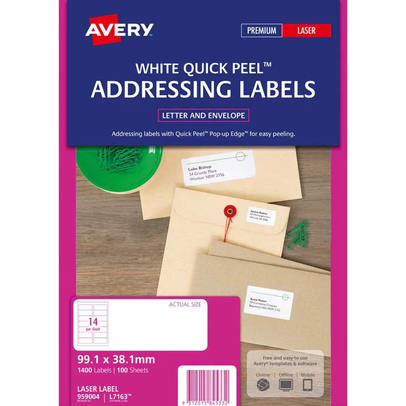 Avery Addressing Laser Labels L7163-100  Pop Up Quick Peel 99.1x38.1mm 100 Sheets - Nail Gallerys