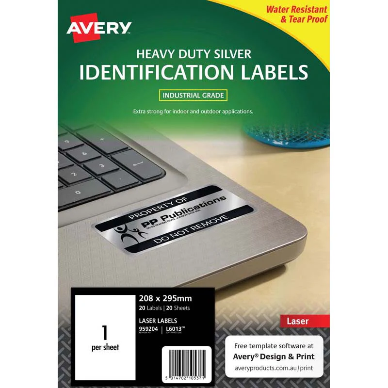 Avery Heavy Duty Id Laser Label L6013 Silver 1up 20 Sheets 199.6x289.1mm - Nail Gallerys