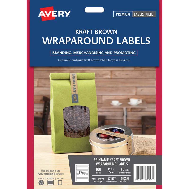 Avery Laser Inkjet Label L7145 Wrapround Kraft 12up 15 Sheets 190x16mm - Nail Gallerys