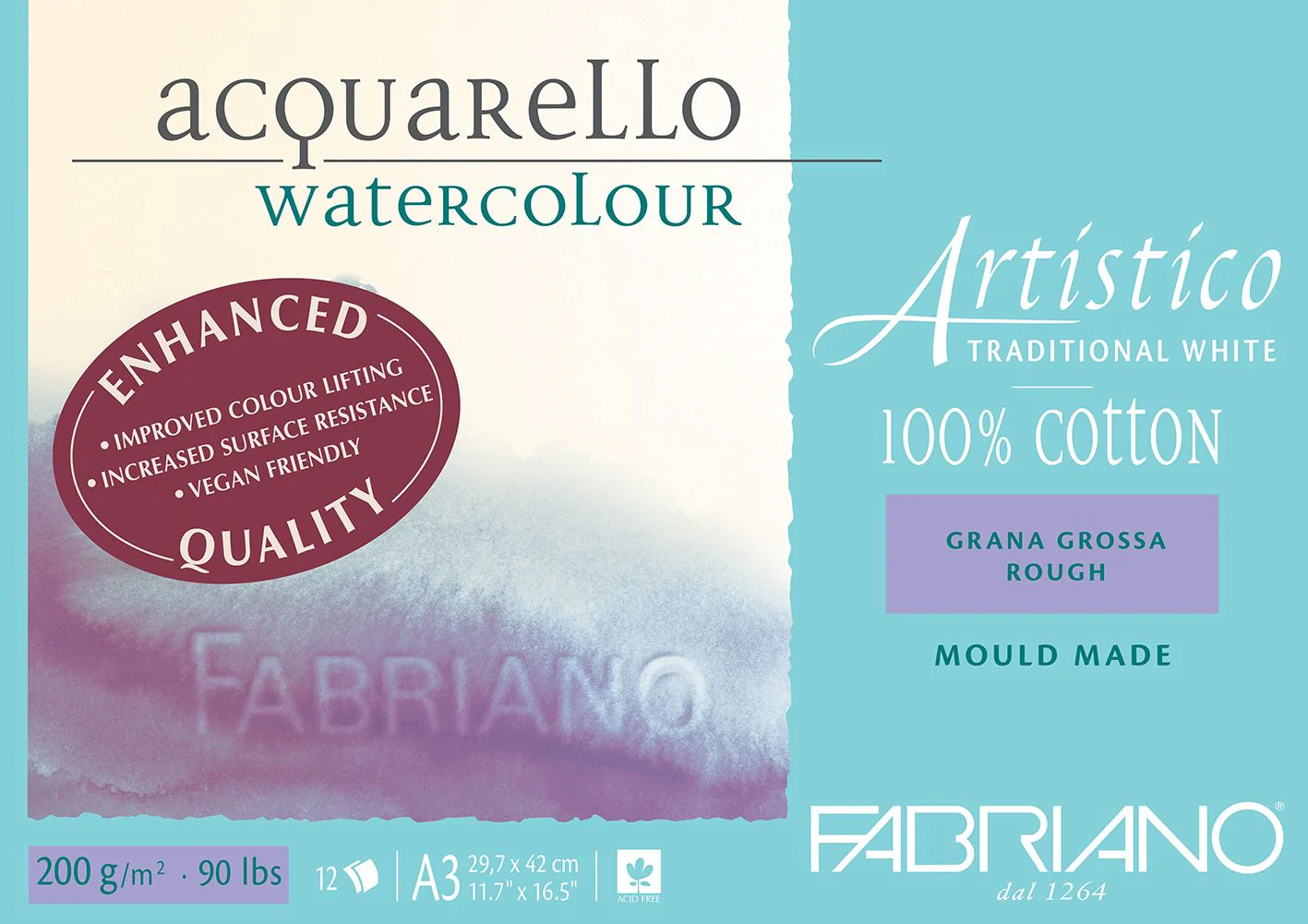 Fabriano Artistico Watercolour Enhanced 200gsm Rough 12 Sheet Pads - Nail Gallerys