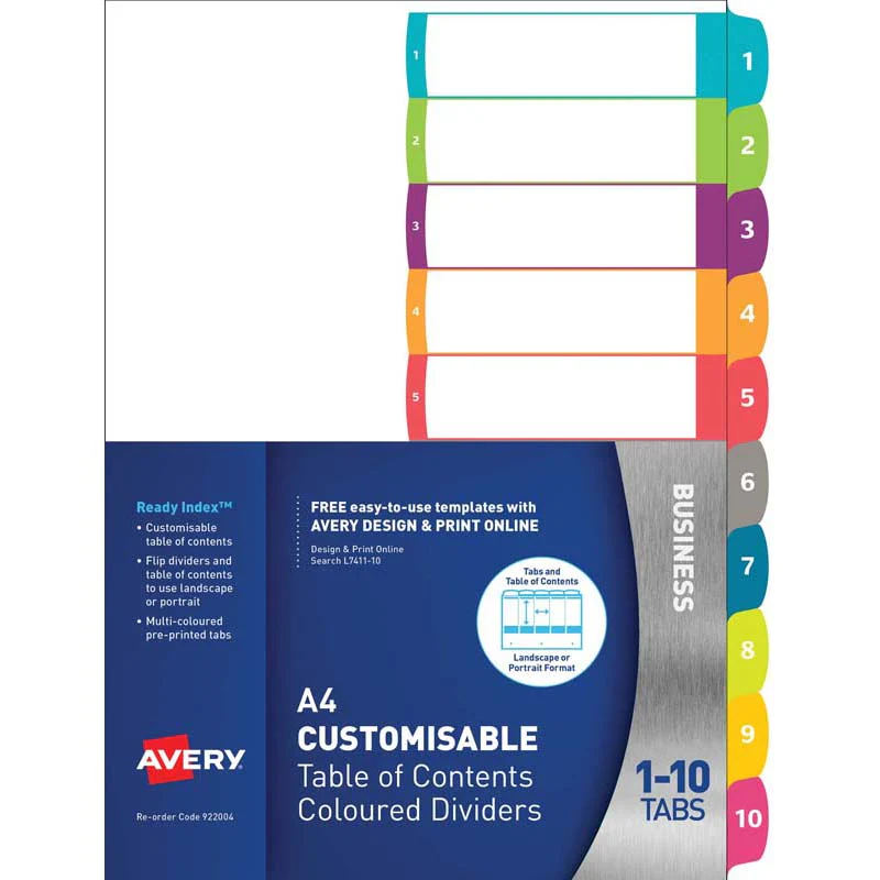 Avery Customisable Table Of Contents A4 1-10 Tabs Coloured - Nail Gallerys