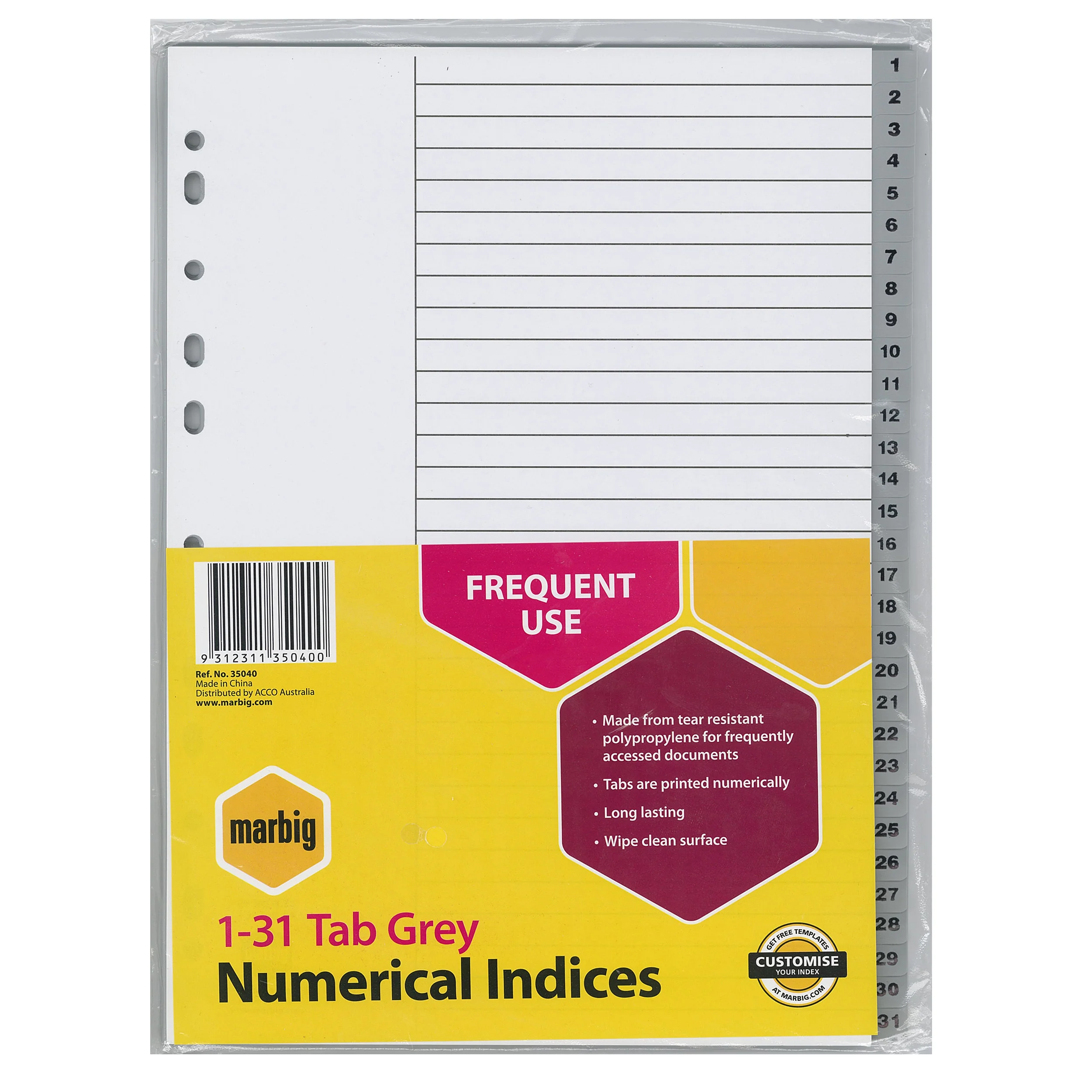 Marbig Indices & Dividers 1-31 Tab Polyprop A4 - Nail Gallerys