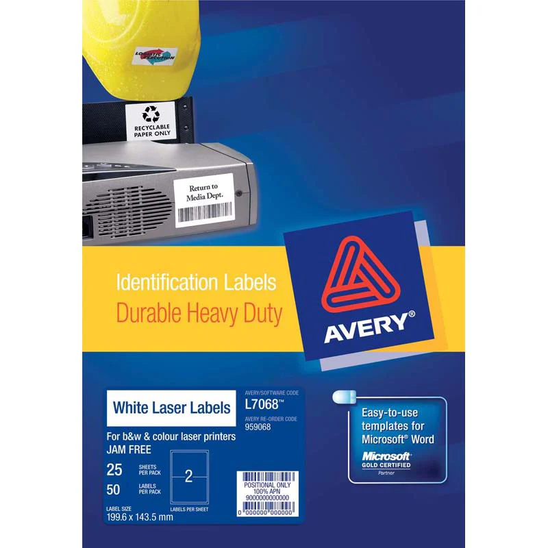 Avery Heavy Duty Id Laser Label L7068 White 2up 25 Sheets 199.6x143.5mm - Nail Gallerys