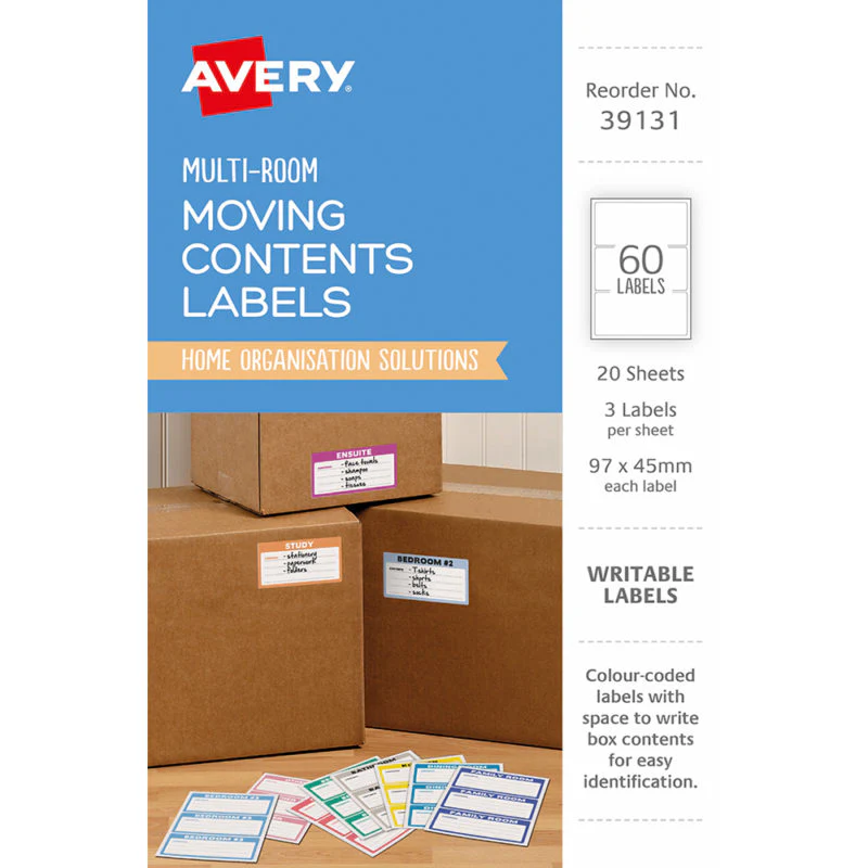 Avery Moving Labels 39131 Assorted Colours 97x45mm 3up 20 Sheets - Nail Gallerys