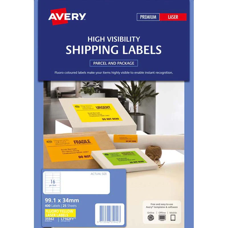 Avery Shipping Label Fluoro Yellow 16 Up 25 Sheets Laser 99.1x34mm - Nail Gallerys