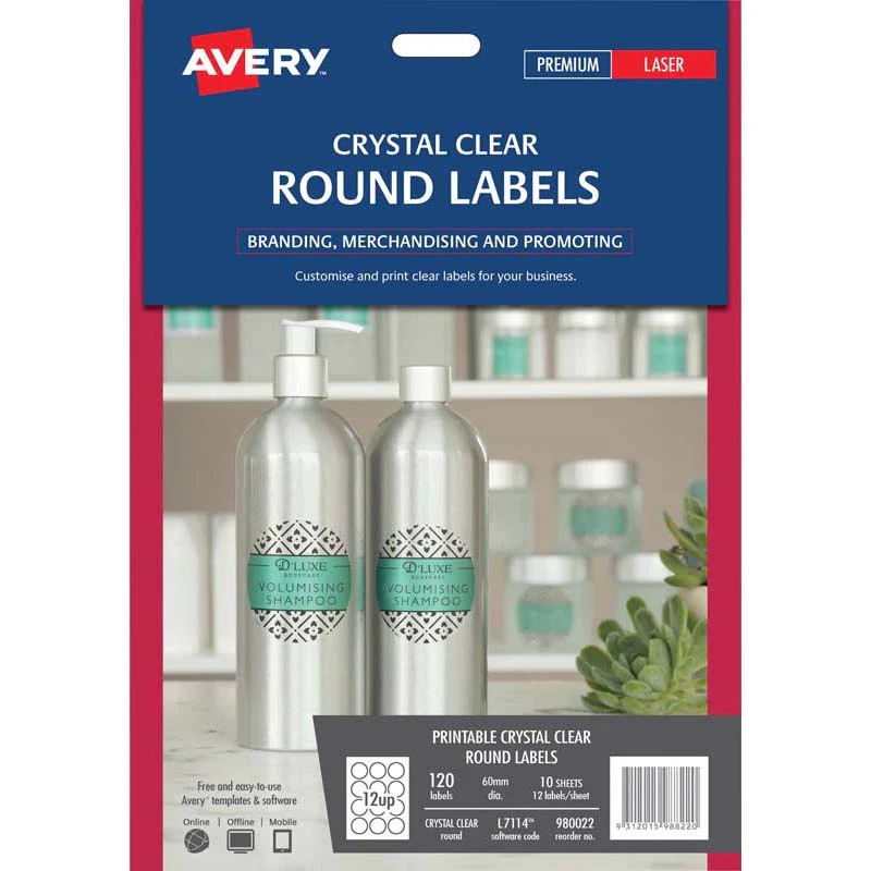 Avery Label L7114 Round Crystal Clear 60mm 12up 10 Sheets - Nail Gallerys