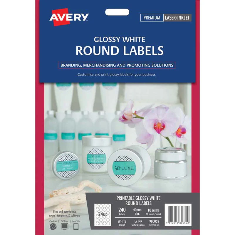 Avery Laser Inkjet Label L7147 White Gloss Round 24up 10 Sheets 40mm - Nail Gallerys