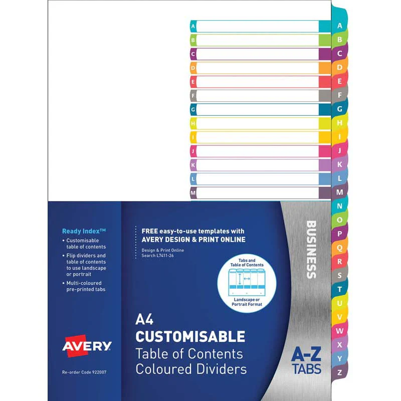 Avery Customisable Table Of Contents A4 A-z Tabs Coloured - Nail Gallerys
