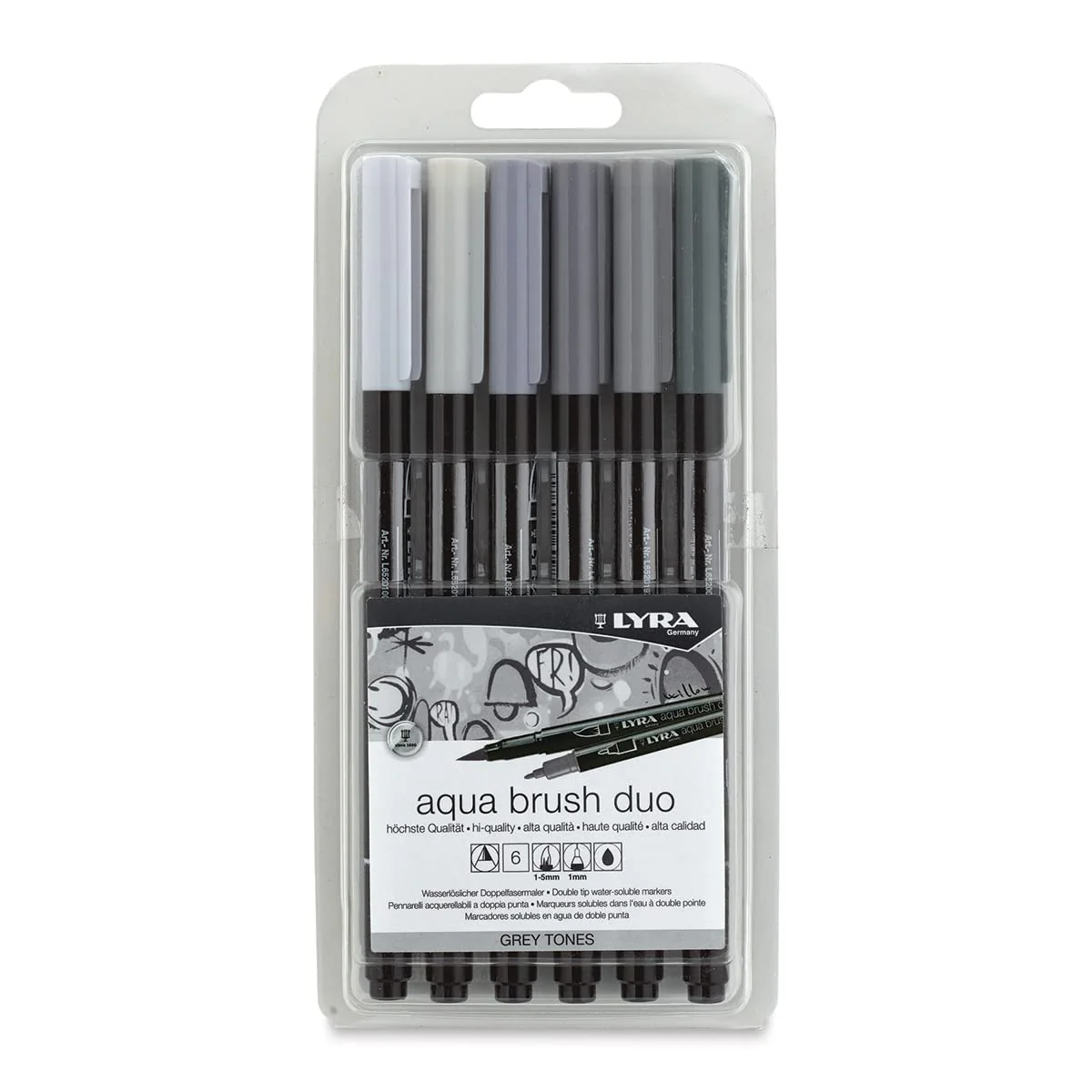 Lyra Aqua Dual Brush Markers Grey Tones Set of 6 - Nail Gallerys