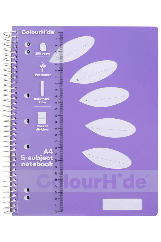 Colourhide A4 250 Page Lavender 5 Subject Book - Pack Of 5 - Nail Gallerys