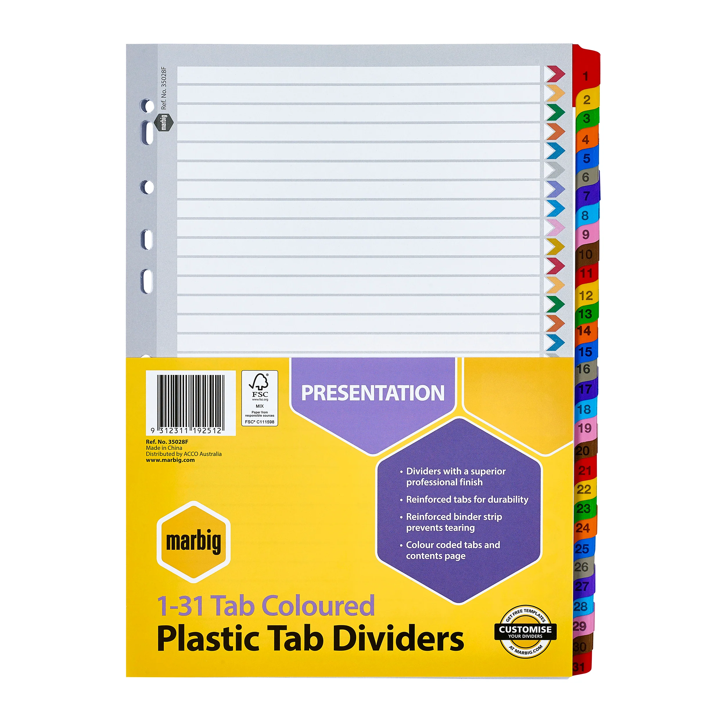Marbig Indices & Dividers 1-31 Tab Reinforced A4 Colour - Nail Gallerys