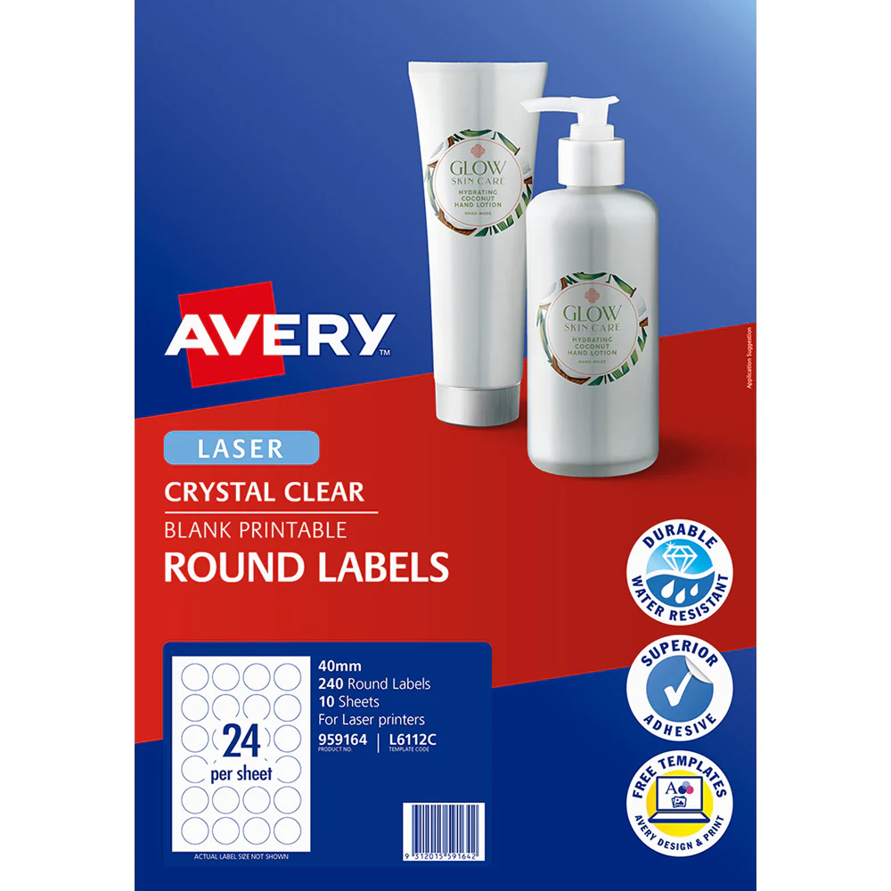 Avery Label L6112C Crystal Clear Round 40mm 24up 10 Sheets - Nail Gallerys