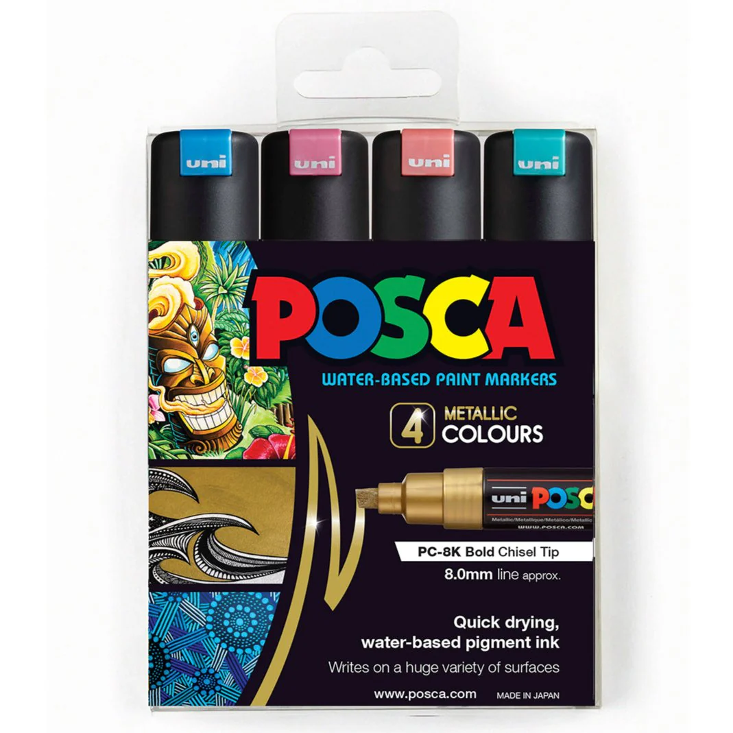 Uni Posca PC-8K 8.0mm Bold Chisel Tips Metallic Markers Set of 4 - Nail Gallerys