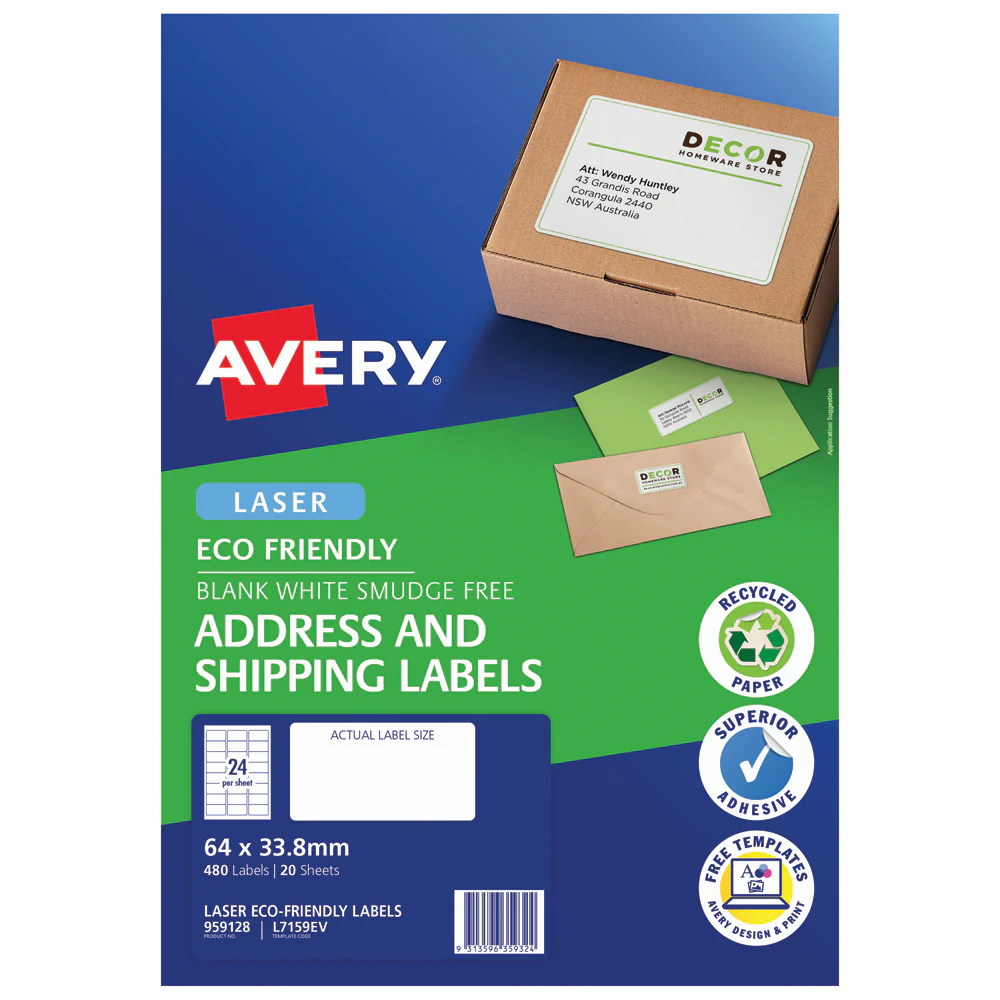 Avery Eco Friendly Address Labels 64x33.8mm 24up 20 Sheets - Nail Gallerys
