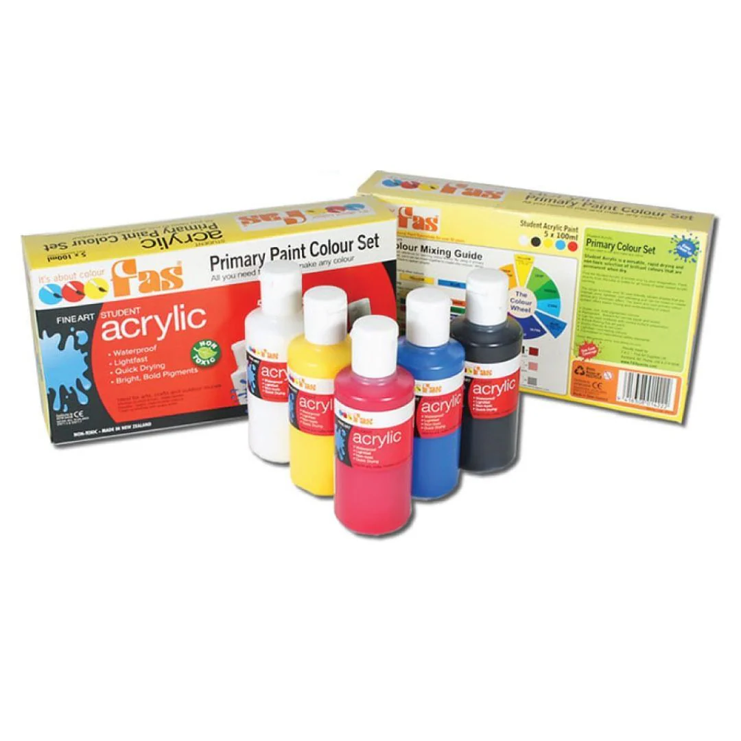 Fas Student Acrylic Primary Paint Set Of 5 X 100ml - Nail Gallerys
