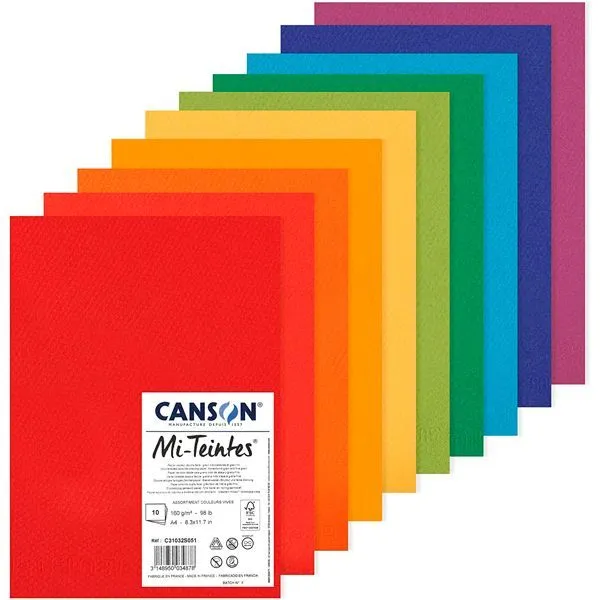Canson Mi-Teintes Paper A4 160gsm Bright Colours Pack of 10 Sheets - Nail Gallerys