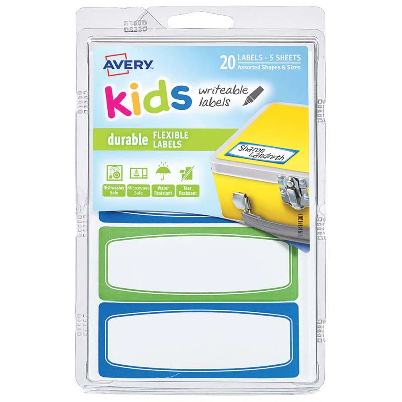 Avery Label Kids Durable Green Blue Border 89x32mm 4up 5 Sheets - Nail Gallerys