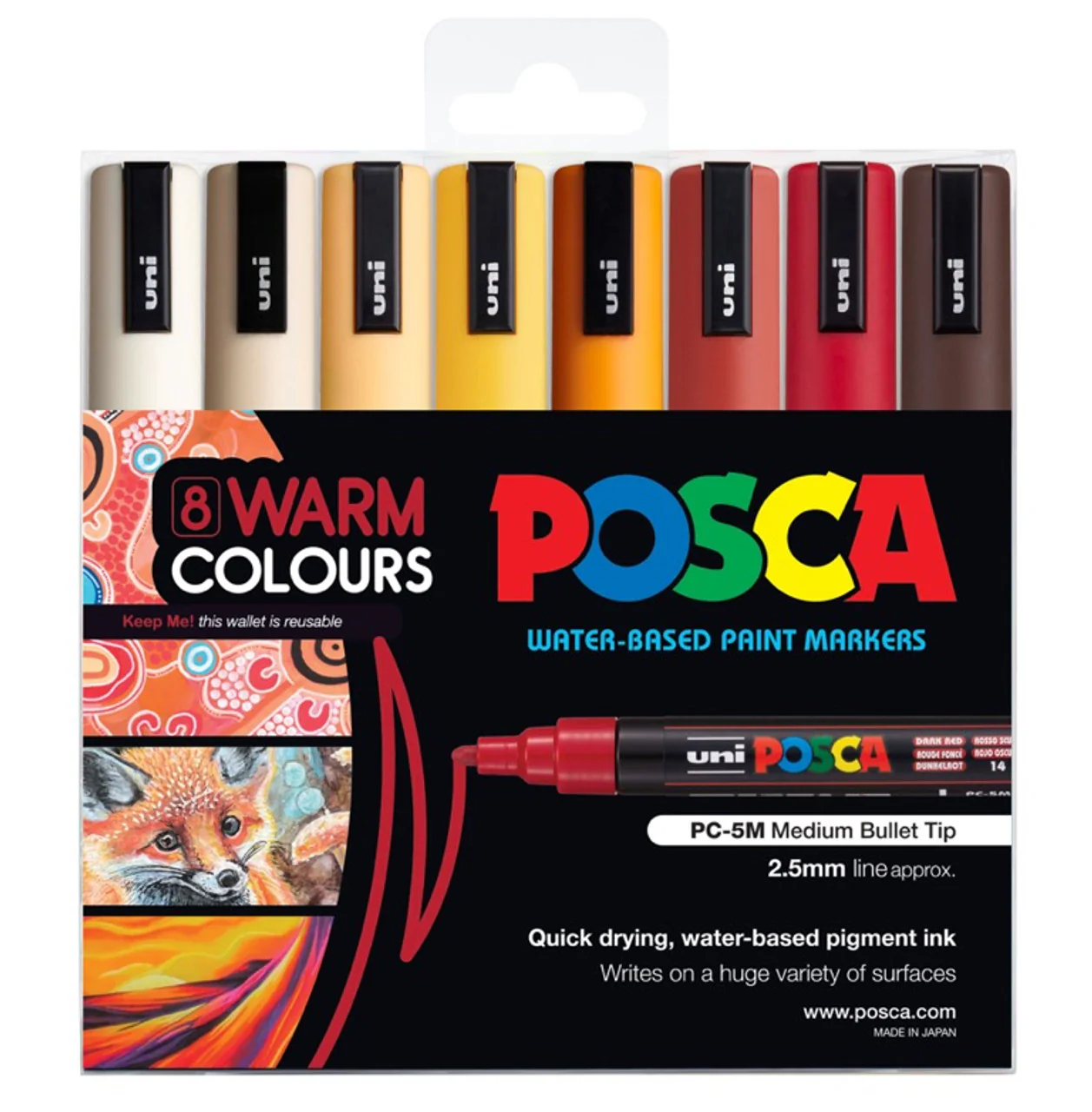 Uni Posca PC-5M 1.8-2.5mm Medium Bullet Warm Colour Markers Set of 8 - Nail Gallerys