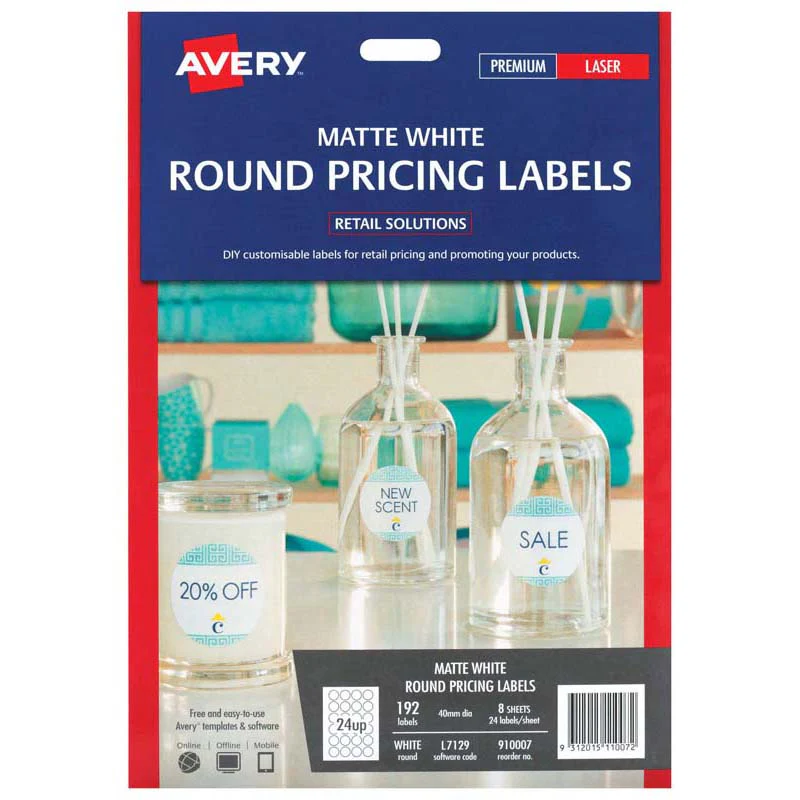 Avery Label L7129 Round Matte White 40mm 24up 8 Sheets - Nail Gallerys