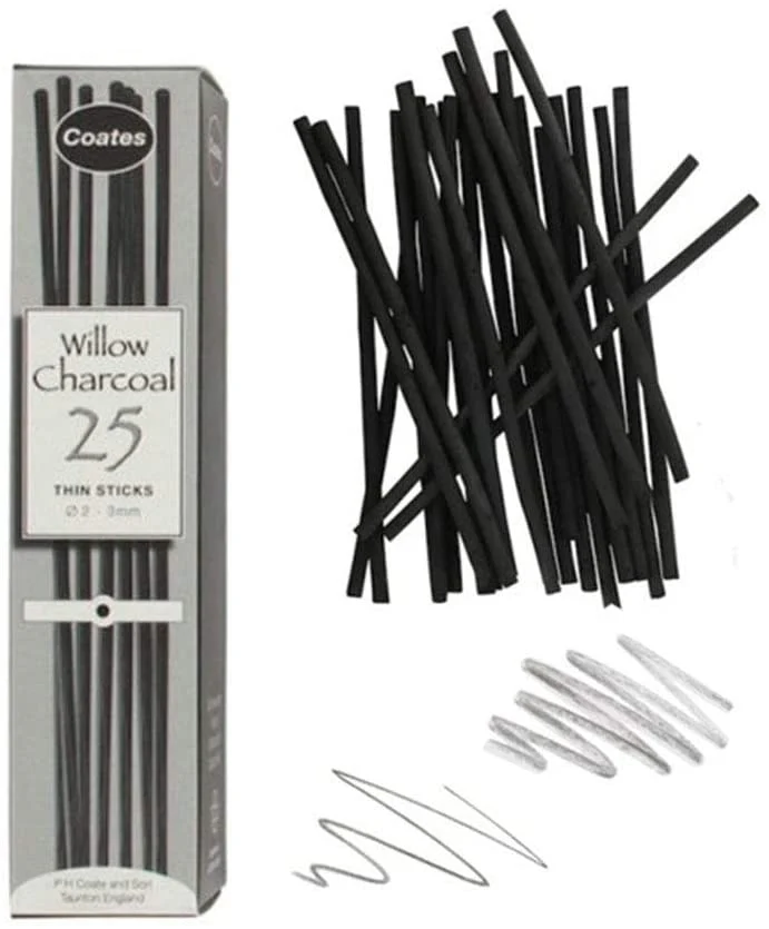 Coates Willow Thin Charcoal Sticks 2 3mm   Pack Of 25 Sticks - Nail Gallerys