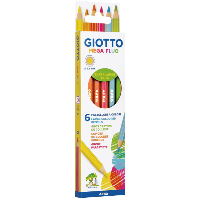 Giotto Mega Assorted Extra Large Fluo Colouring Pencils Pack of 6 - Nail Gallerys