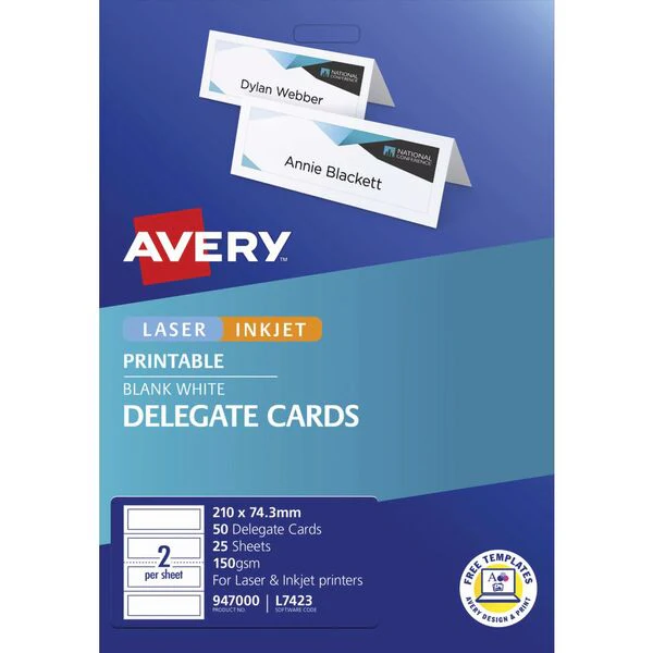 Avery Delegate Cards 210x74.3mm 50 Cards 25 Sheets Inkjet Laser - Nail Gallerys