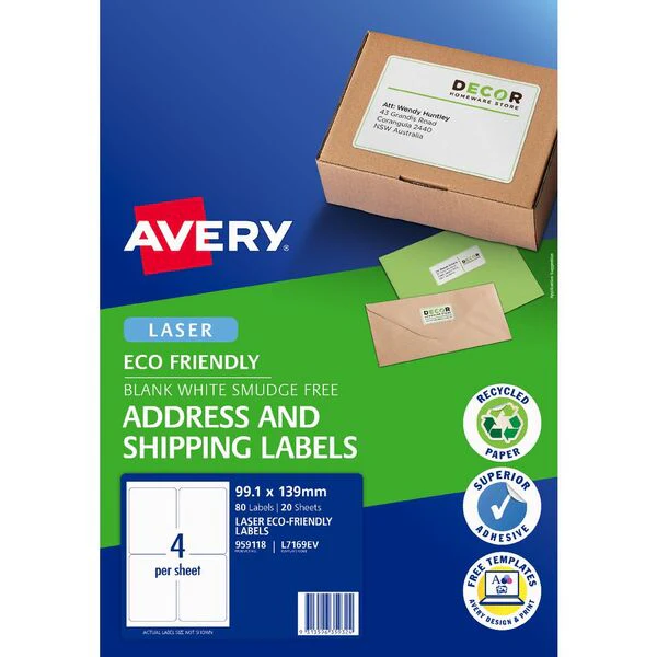 Avery Eco Friendly Address Labels 99.1x139mm 4up 20 Sheets - Nail Gallerys