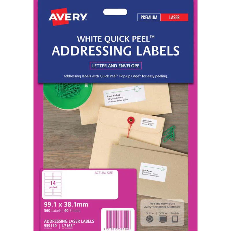 Avery Address Labels L7163 White 14up 40 Sheets Laser 99.1x38.1mm Quick Peel Pop Up - Nail Gallerys