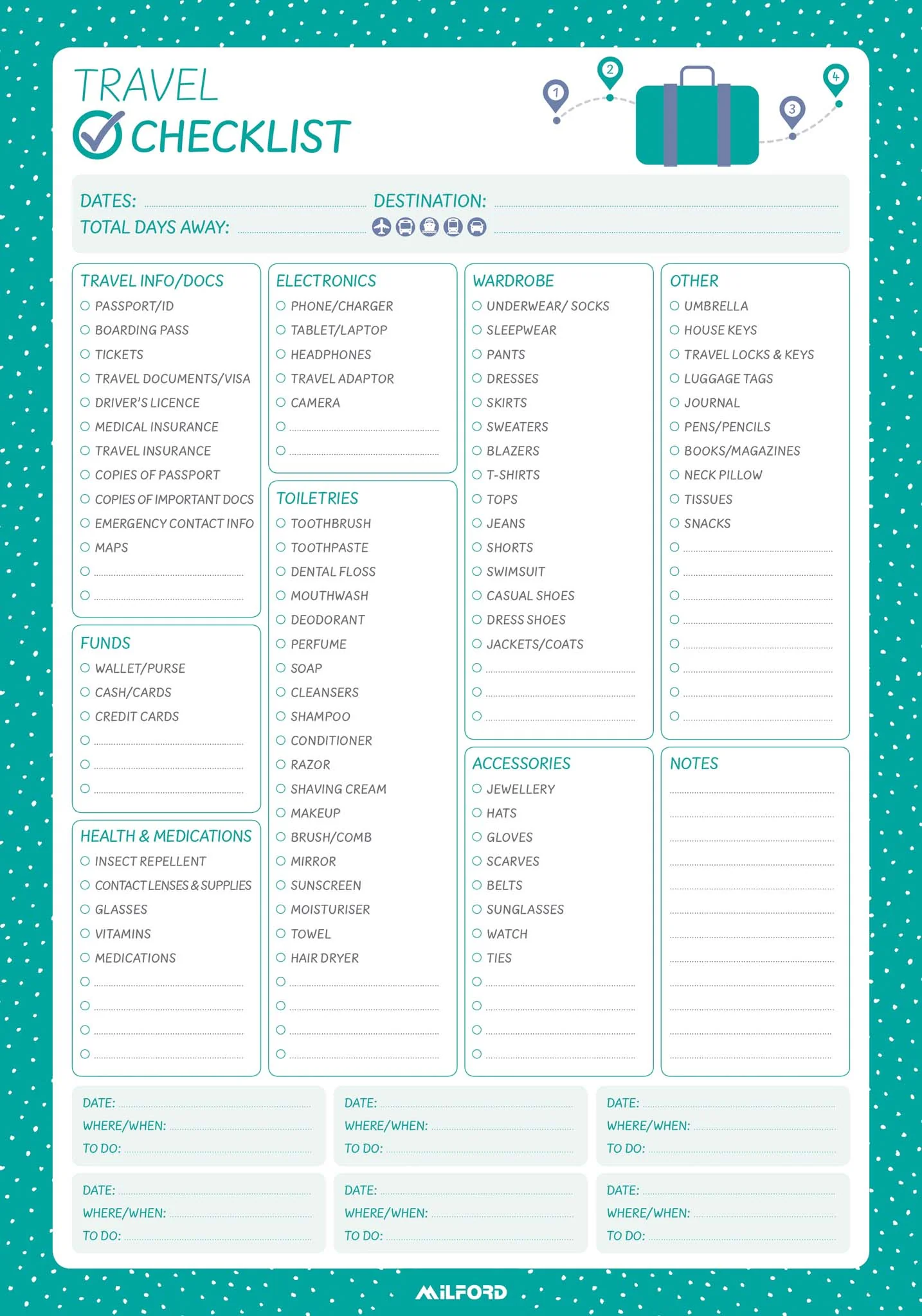 Milford Travel Packing Check List Pad 175x250mm 60 Leaf - Nail Gallerys