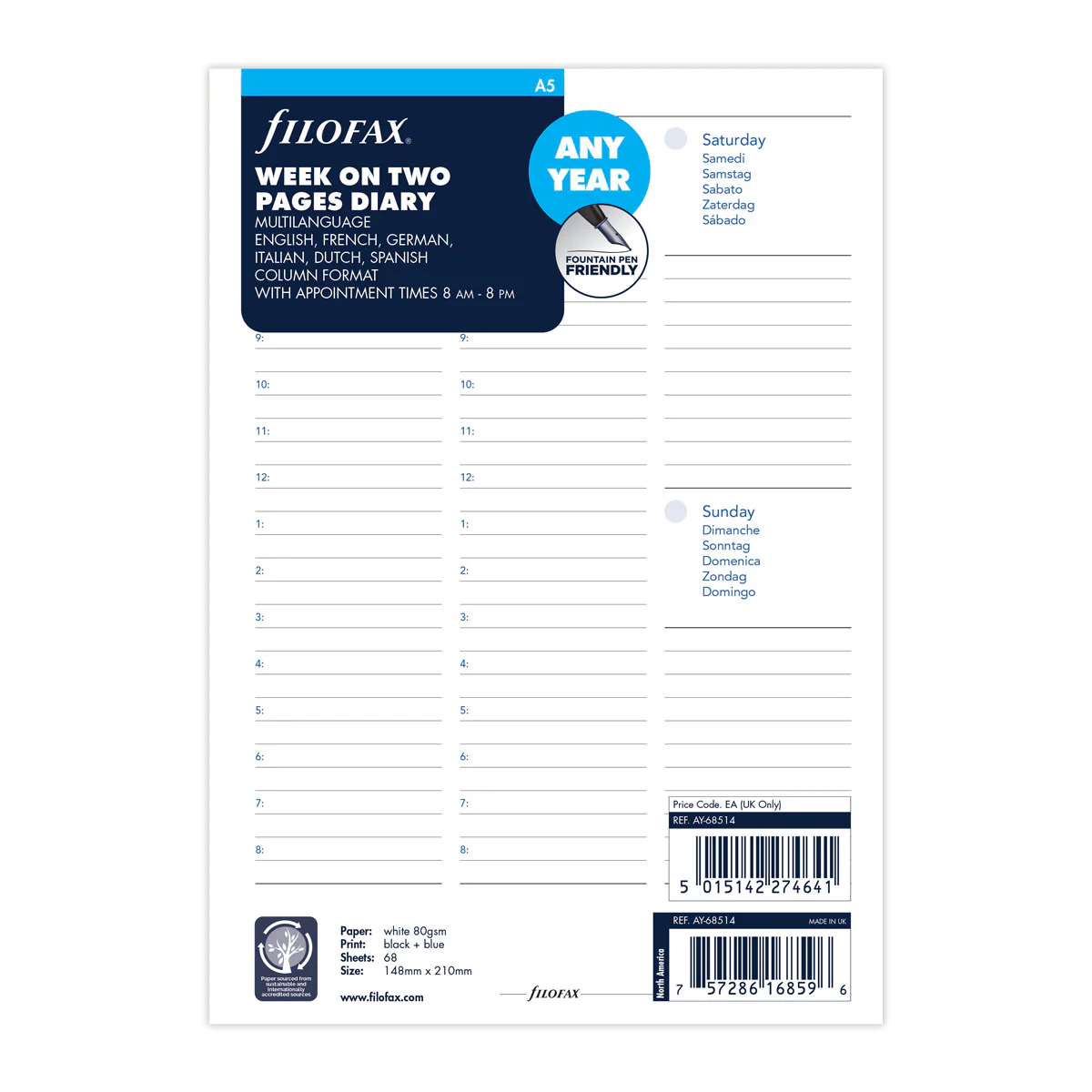 Filofax Any Year A5 Week to View Diary Refill - Nail Gallerys