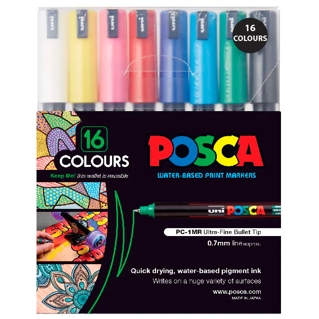 Uni Posca PC-1MR 0.7mm Ultra-fine Pin Tip Assorted Markers Set Of 16 - Nail Gallerys