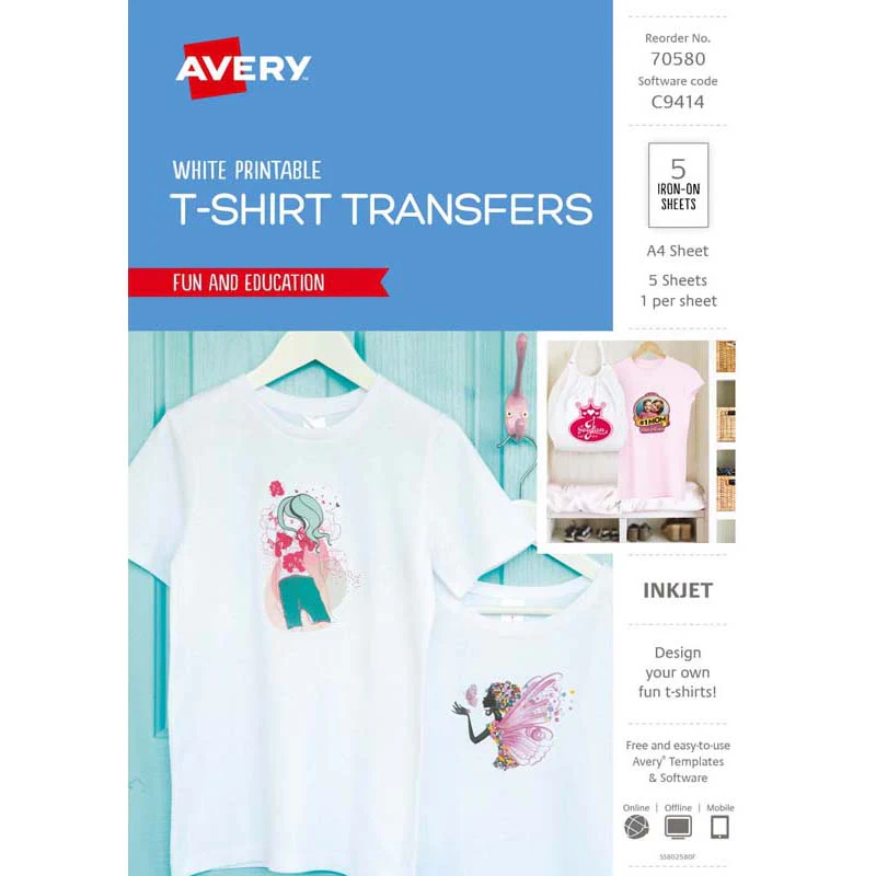 Avery Tshirt Transfer Inspired Ij76 A4 White 5 Pack - Nail Gallerys