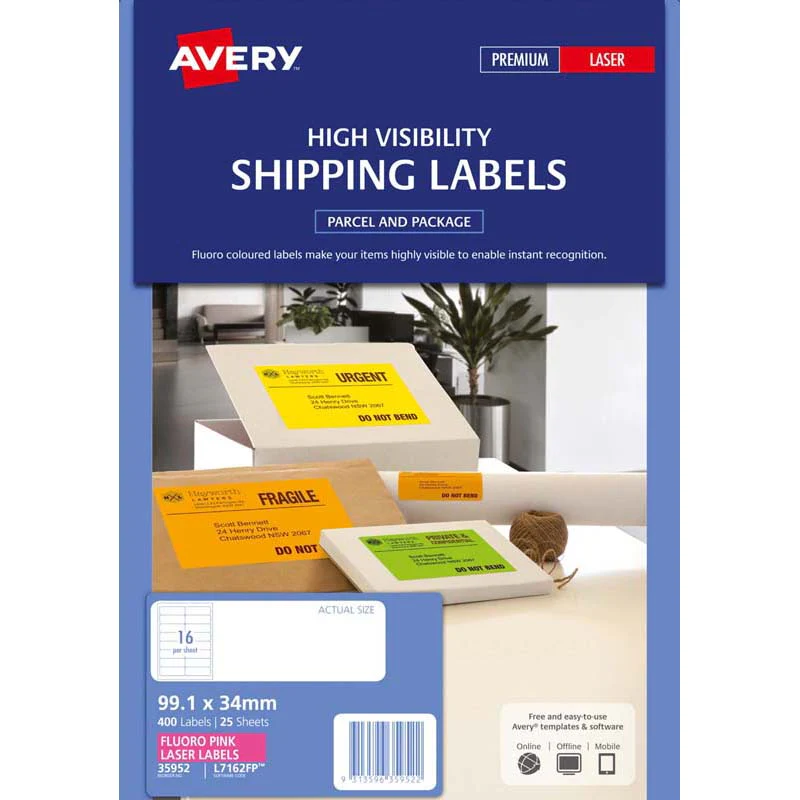 Avery Shipping Label Fluoro Pink 16 Up 25 Sheets Laser 99.1x34mm - Nail Gallerys