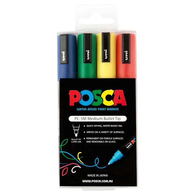 Uni Posca PC-5M 1.8-2.5mm Green/Yellow/Red/Blue Markers Set of 4 - Nail Gallerys