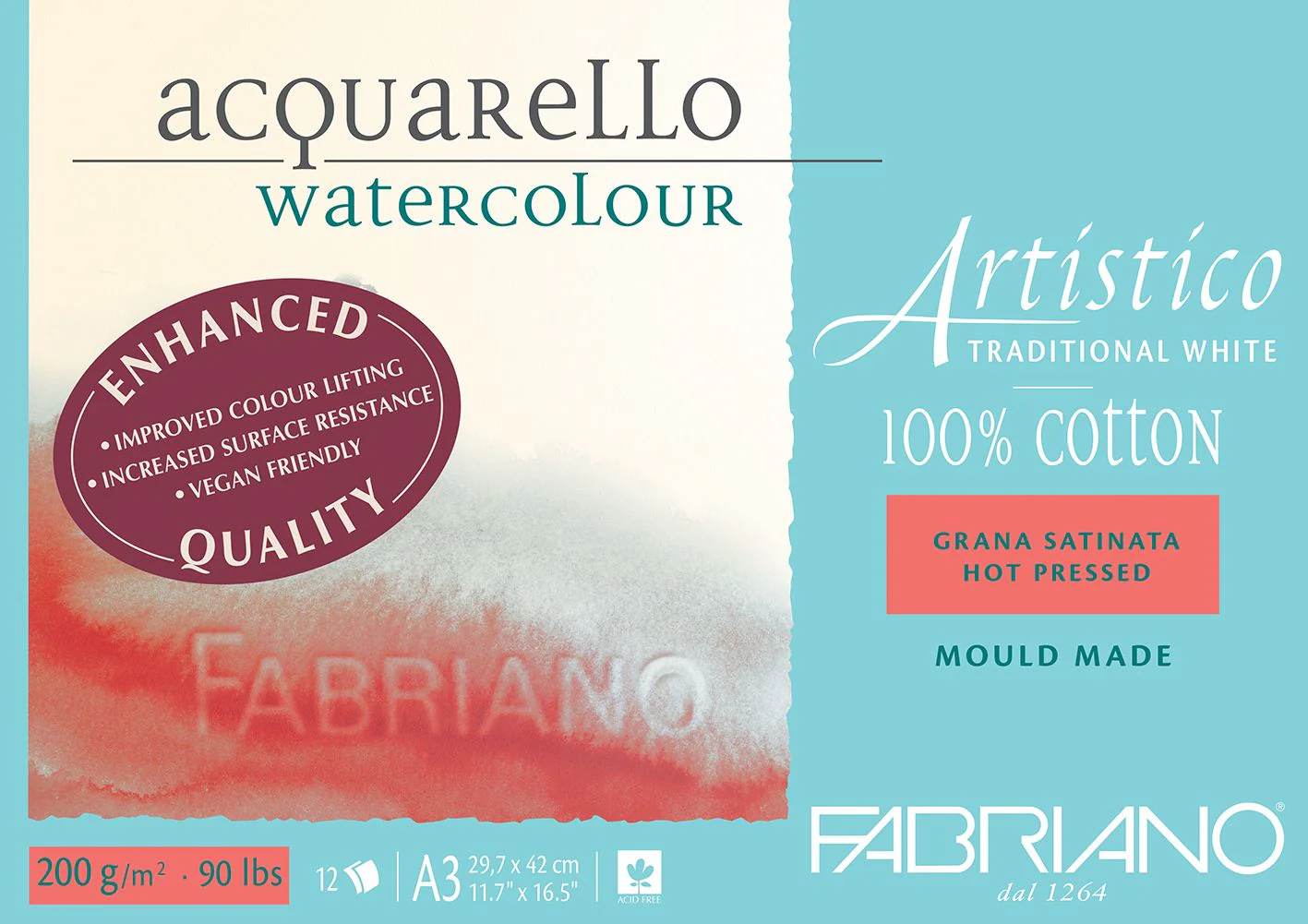 Fabriano Artistico Watercolour Enhanced 200gsm Hot Press 12 Sheet Pads - Nail Gallerys
