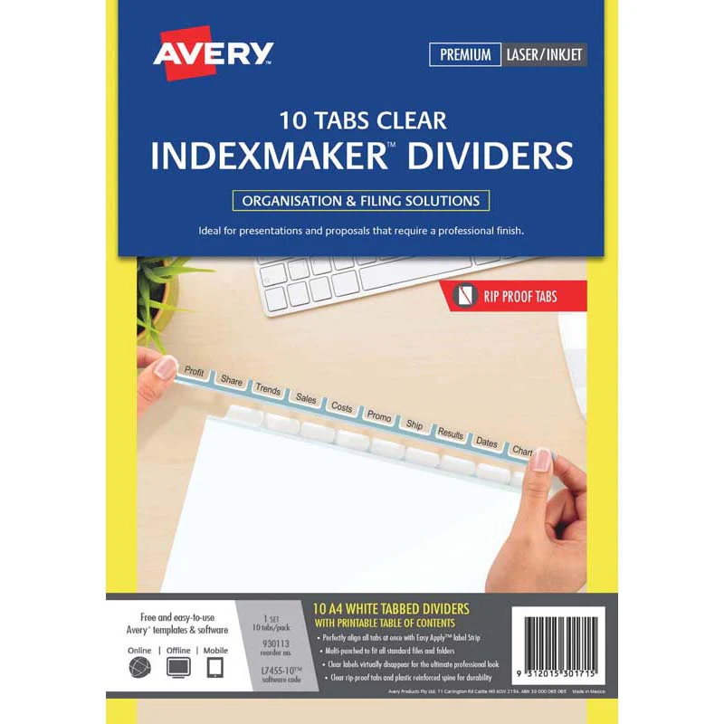 Avery Indexmaker A4 10 Tab Clear With Easy Apply Label L7455-10 - Nail Gallerys