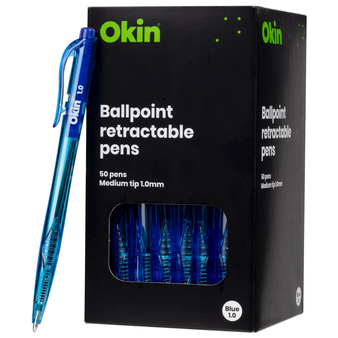 Okin Ballpoint Retractable Pens Medium Blue Pack Of 50 - Nail Gallerys