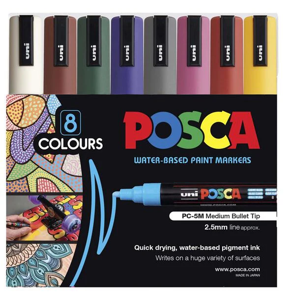 Uni Posca PC-5M 1.8-2.5mm Medium Bullet Tip Dark Colours Markers Set Of 8 - Nail Gallerys