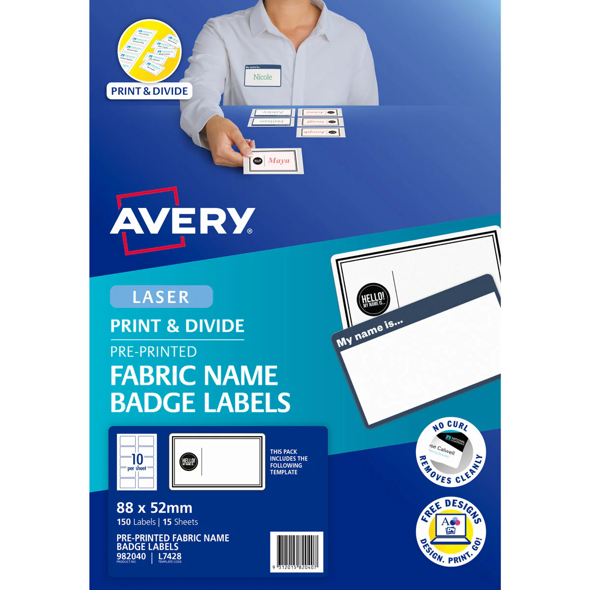 Avery 'Hello! My Name Is' Fabric Print & Divide Name Badges Laser 88x52mm 150 Labels L7428 - Nail Gallerys