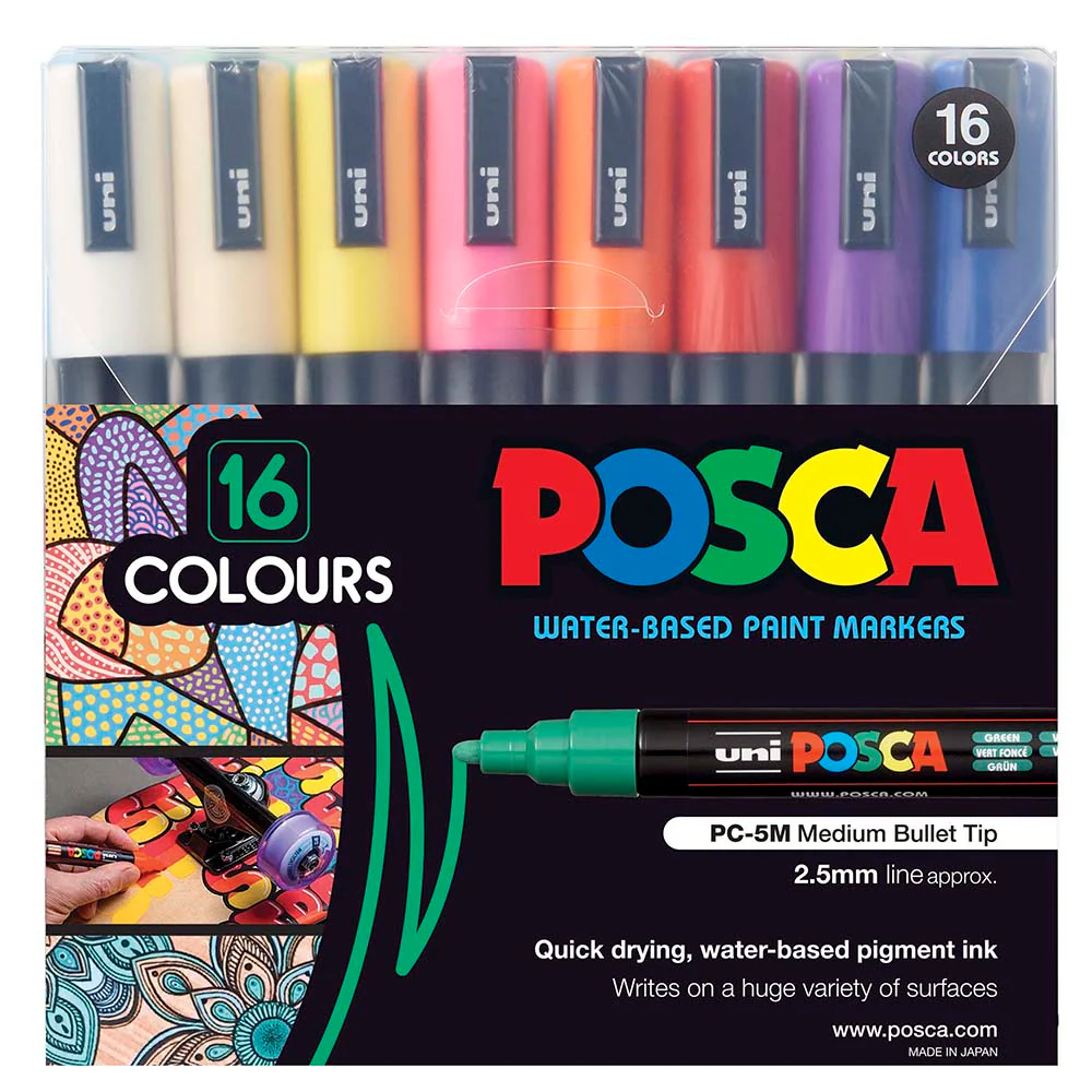 Uni Posca PC-5M 1.8-2.5mm Medium Bullet Tip Assorted Colour Markers Set of 16 - Nail Gallerys
