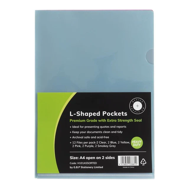 OSC L Shaped Pockets A4 Assorted Colours - Pack Of 12 - Nail Gallerys