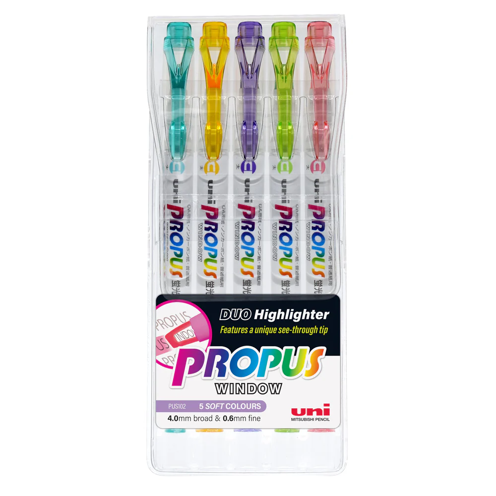 Uni Propus Window Double-ended 4.0mm/0.6mm Pastel Highlighters Set Of 5 - Nail Gallerys