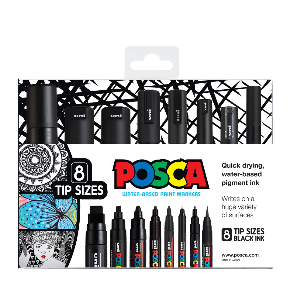 Uni Posca Black Assorted Tip Markers Set of 8 - Nail Gallerys